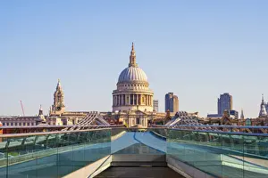 Pauls Prints: UK, England, London, St. Pauls Cathedral and Millennium Bridge over River Thames