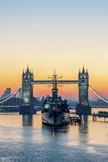 Ships Prints: UK, England, London, Tower Bridge and HMS Belfast at sunrise