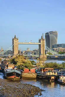 UK, England, London, Tower Bridge over River Thames, City of London skyline