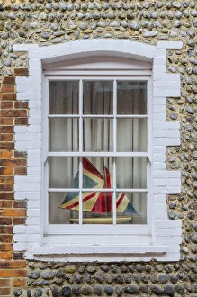 UK, England, Norfolk, North Norfolk, Blakeney, Model Boat in Window