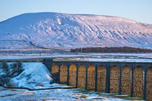 UK, England, North Yorkshire, Ribblehead Viaduct and Ingleborough mountain, one of