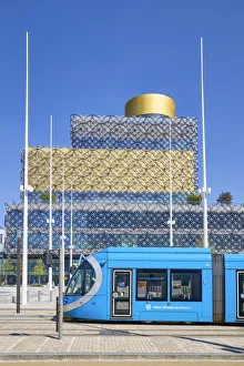 UK, England, West Midlands, Birmingham, Centenary Square, View of tram infront of libary