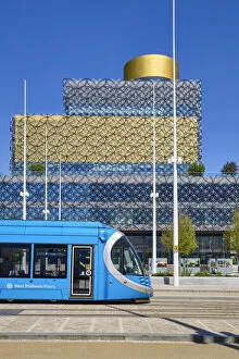 Images Dated 22nd February 2022: UK, England, West Midlands, Birmingham, Centenary Square, View of tram infront of libary