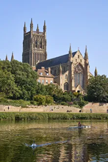 UK, England, West Midlands, Worcestershire, Worcester, Worcester Cathedral reflecting in River Severn