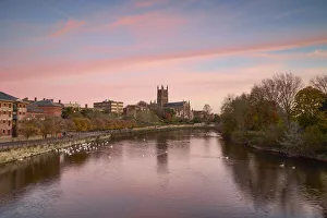 UK, England, West Midlands, Worcestershire, Worcester, Worcester Cathedral reflecting in River Severn