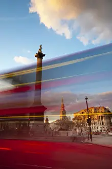 UK, London, Trafalgar Square, Nelsons Column and blurred bus