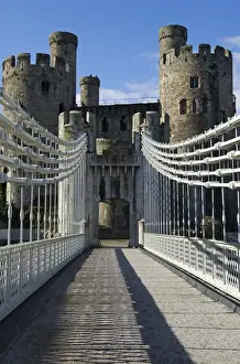 Thomas Telford Prints: UK, North Wales; Conwy. The elegant Suspension Bridge built by Thomas Telford across the Conwy River to the imposing