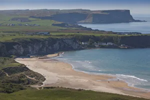 UK, Northern Ireland, County Antrim, Portbradden, elevated village view on White Park Bay