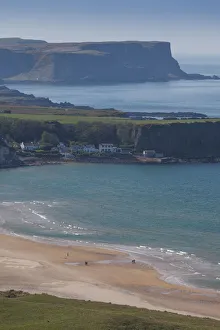 Town View Prints: UK, Northern Ireland, County Antrim, Portbradden, elevated village view on White Park Bay