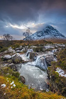 Water Fall Prints: UK, Scotland, Highland, Glen Coe, River Coupall, Coupall Falls and Buachaille Etive Mor