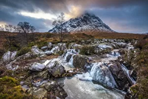 Images Dated 27th February 2017: UK, Scotland, Highland, Glen Coe, River Coupall, Coupall Falls and Buachaille Etive Mor