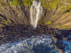 Water Fall Gallery: UK, Scotland, Highland, Isle of Skye, Trotternish Peninsula, Kilt Rock Falls (Drone View)