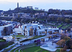 UK, Scotland, Lothian, Edinburgh, Twilight view of the Scottish Parliament Building