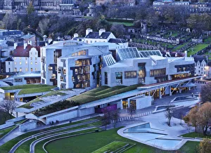 UK, Scotland, Lothian, Edinburgh, Twilight view of the Scottish Parliament Building