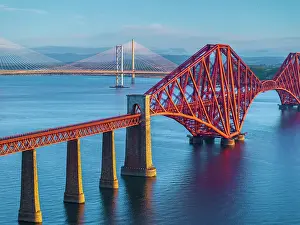 UK, Scotland, Lothian, Near Edinburgh, Queensferry, Forth Bridge with Forth Road Bridge and Queensferry Crossing Bridge beyond uk scotland lothian near edinburgh