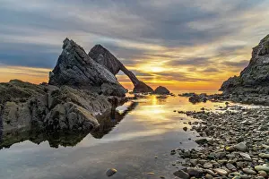 North Sea Prints: UK, Scotland, Moray, Portknockie, Moray Firth, Bow Fiddle Rock at Sunrise