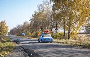 Former Soviet Union Prints: Ukraine, Countryside, Highway, Russian Made Early 1970s Lada Vehicle