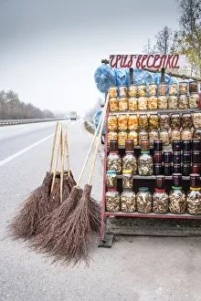 Former Soviet Union Prints: Ukraine, Countryside, Roadside Farm Stand, Mushrooms, Honey, Apples, Jams And Brooms