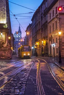 Ukraine, Lviv, Electric Commuter Trolley, Medieval Cobblestone Streets