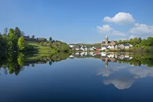 Refelction Prints: Ulmener Maar with Ulmen and castle, Eifel, Rhineland-Palatinate, Germany