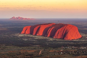 Uluru and Kata Tjuta at sunrise, Aerial view. Northern Territory, Australia
