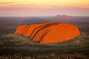 Images Dated 18th January 2017: Uluru and Kata Tjuta at sunrise, Aerial view. Northern Territory, Australia