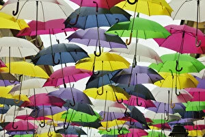 Images Dated 12th September 2014: Umbrella Sky Project in the streets of Agueda, by Sextafeira Producoes. Portugal
