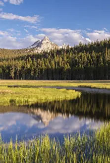 Unicorn Peak reflected in the snow melt pools on Tuolumne Meadows, Yosemite National Park