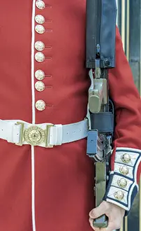 Uniform detail of the Queens Guards, Coldstream Guards at the Tower of London