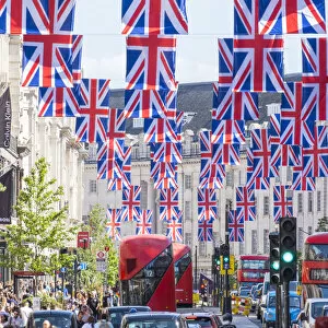 Images Dated 30th May 2022: Union Jack flags on Regents Street, London, England, UK