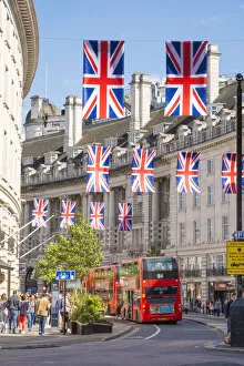 Images Dated 30th May 2022: Union Jack flags on Regents Street, London, England, UK