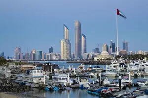 Images Dated 8th May 2014: United Arab Emirates, Abu Dhabi, View of Marina and City skyline looking towards Abu