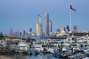 Images Dated 8th May 2014: United Arab Emirates, Abu Dhabi, View of Marina and City skyline looking towards Abu