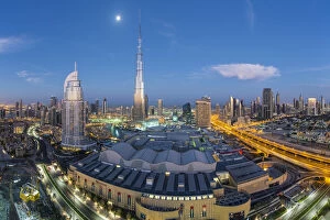 United Arab Emirates, Dubai, the Burj Khalifa, elevated view looking over the Dubai Mall