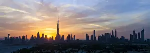 United Arab Emirates, Dubai, elevated view of the new Dubai skyline, the Burj Khalifa