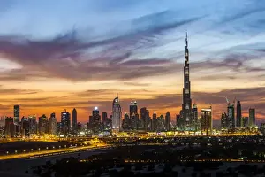 United Arab Emirates, Dubai, elevated view of the new Dubai skyline, the Burj Khalifa