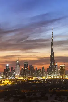 Illumination Prints: United Arab Emirates, Dubai, elevated view of the new Dubai skyline, the Burj Khalifa