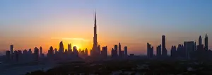 United Arab Emirates, Dubai, elevated view of the new Dubai skyline, the Burj Khalifa