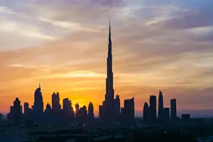 United Arab Emirates, Dubai, elevated view of the new Dubai skyline, the Burj Khalifa
