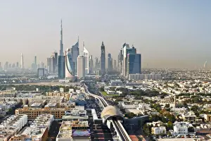 Gulf State Prints: United Arab Emirates, Dubai, elevated view towards Sheikh Zayed Road and the modern