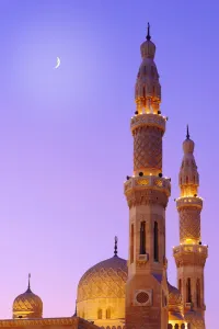 Vertical Prints: United Arab Emirates, Dubai, Jumeirah Mosque illuminated at duskevening