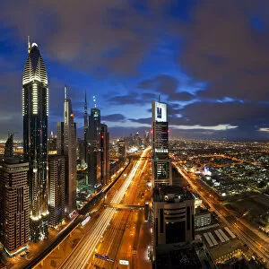 Aerials Gallery: United Arab Emirates (UAE), Dubai, Sheikh Zayed Road looking towards the Burj Kalifa