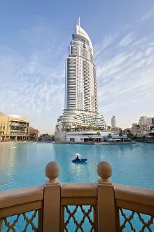 Images Dated 12th April 2010: United Arab Emirates (UAE), Dubai, Burj Khalifa Park Lake, The Address and Palace Hotels