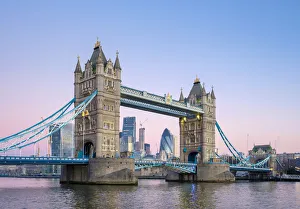 United Kingdom, England, London. Tower Bridge over the River Thames and skyline of