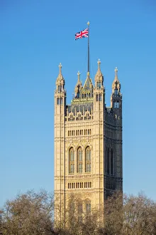 United Kingdom, England, London. Union Jack flag flown above Victoria Tower, Palace