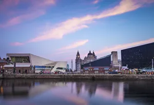 United Kingdom, England, Merseyside, Liverpool, View of Pier Head buildings reflecting