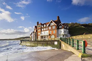 United Kingdom, England, North Yorkshire, Sandsend. Rough seas outside the Sandsend Hotel