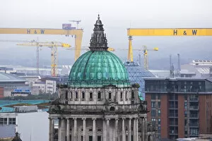 Images Dated 6th November 2015: United Kingdom, Northern Ireland, Belfast, City Hall with Harland and Wolff cranes