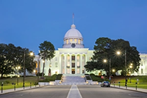 United States, Alabama, Montgomery. Alabama State Capitol building at dusk, former