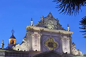 Iglesia Prints: The upper part of the Salta Cathedral in Andean Baroque style architecture at twilight
